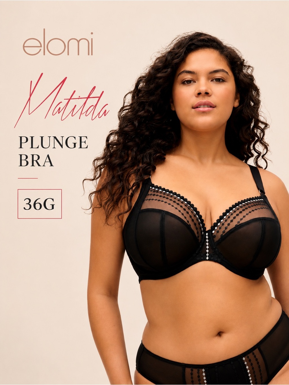 Elomi Matilda Black Plunge Bra Size 36G NWT